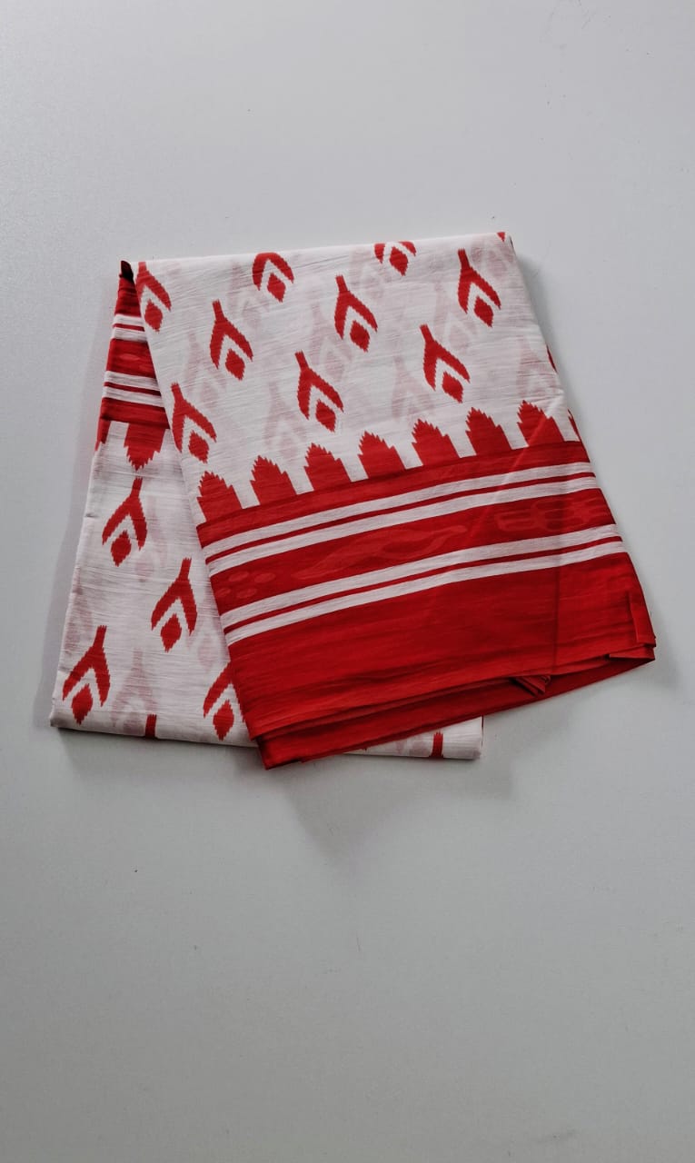 White With Red Mul Mul Cotton Saree