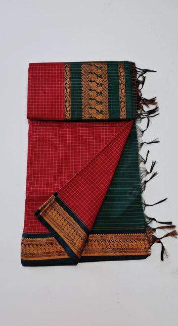 Red With Green Checked Kalyani Cotton Saree