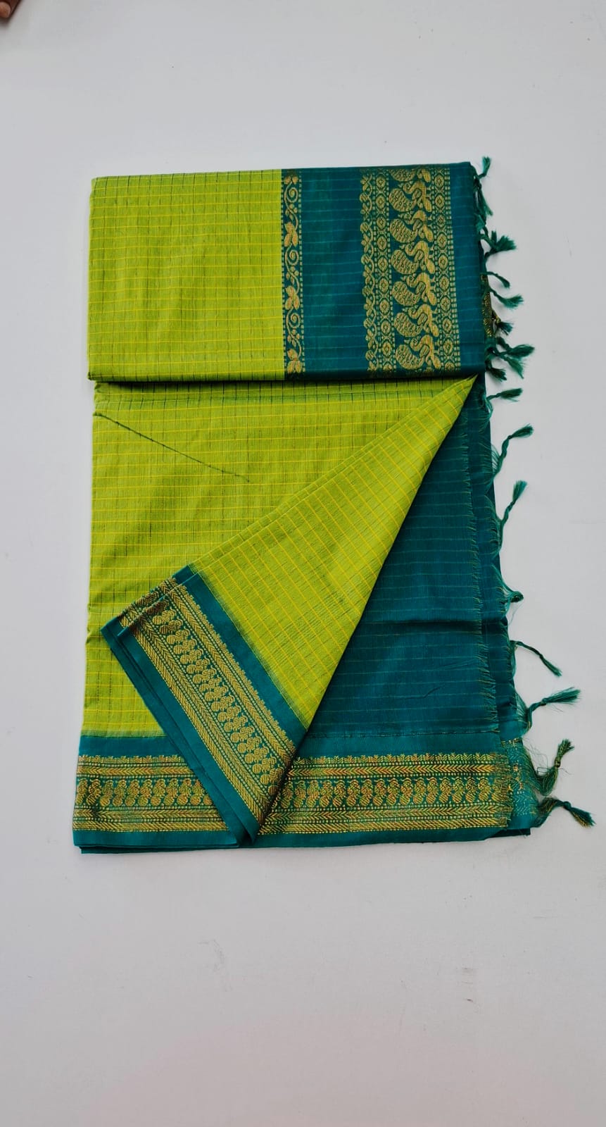 Green With Teal Blue Checked Kalyani Cotton Saree