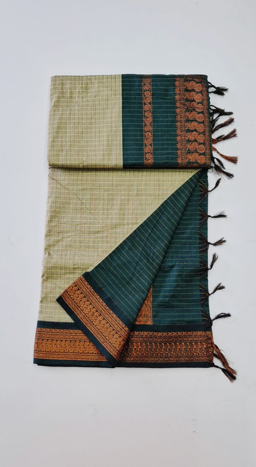 Cream With Dark Green Checked Kalyani Cotton Saree