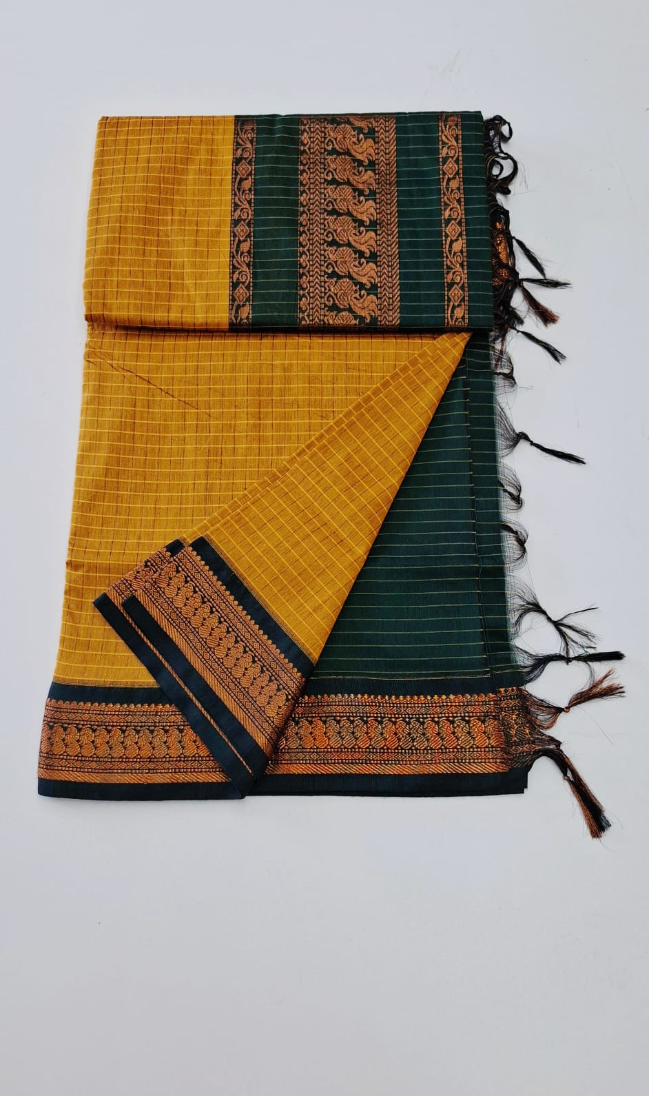 Yellow With  Green Checked Kalyani Cotton Saree