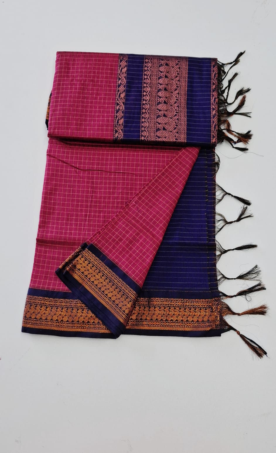 Magenta With Navy Blue Checked Kalyani Cotton Saree
