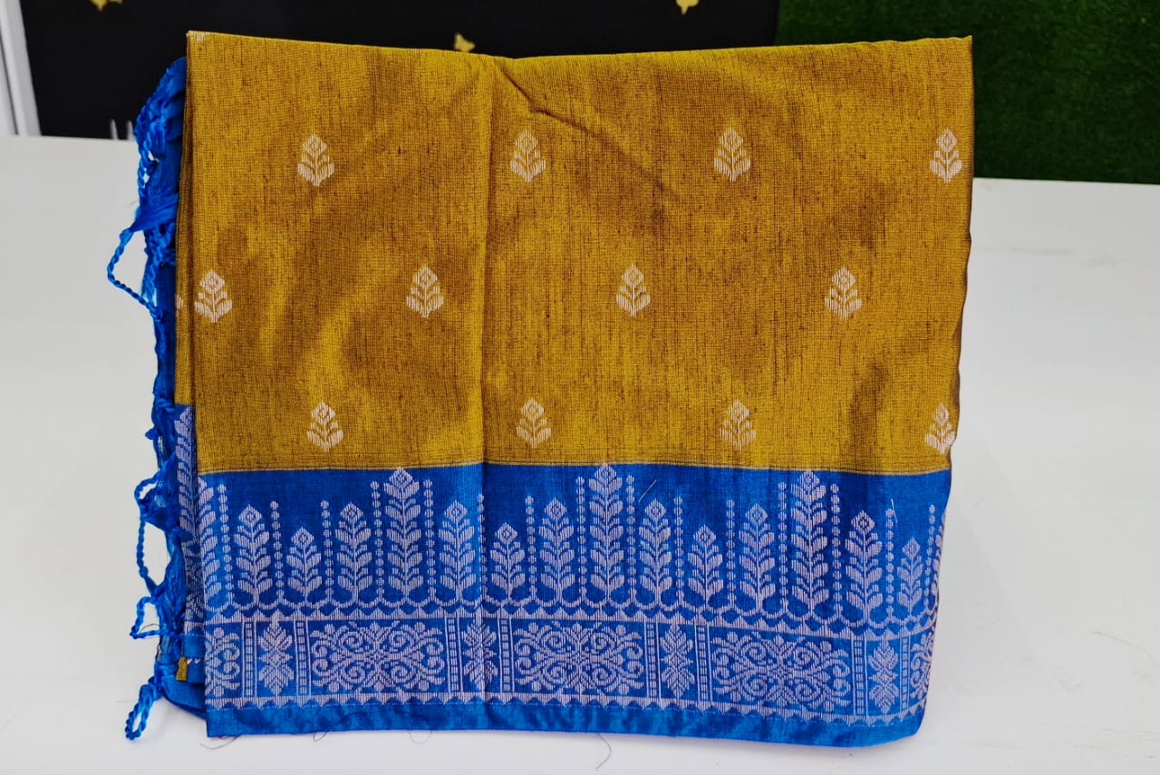 Mustard Yellow With royal Blue Soft Silk Saree