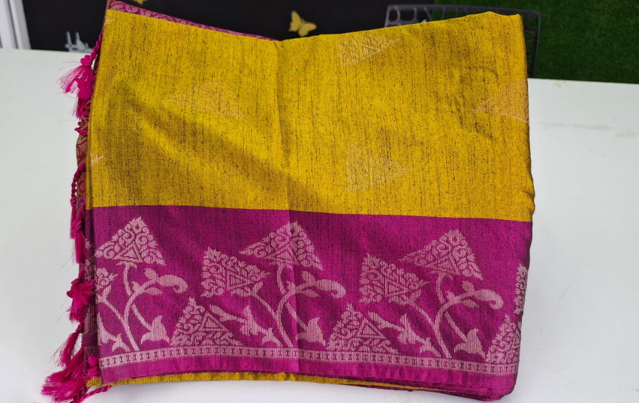 Mustard Yellow With Magenta Pink Soft Silk Saree