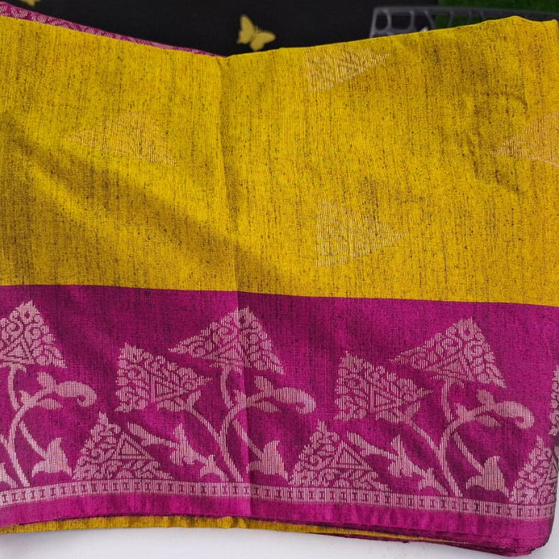 MUSTARD YELLOW WITH MAGENTA COLOR SOFT SILK SAREE