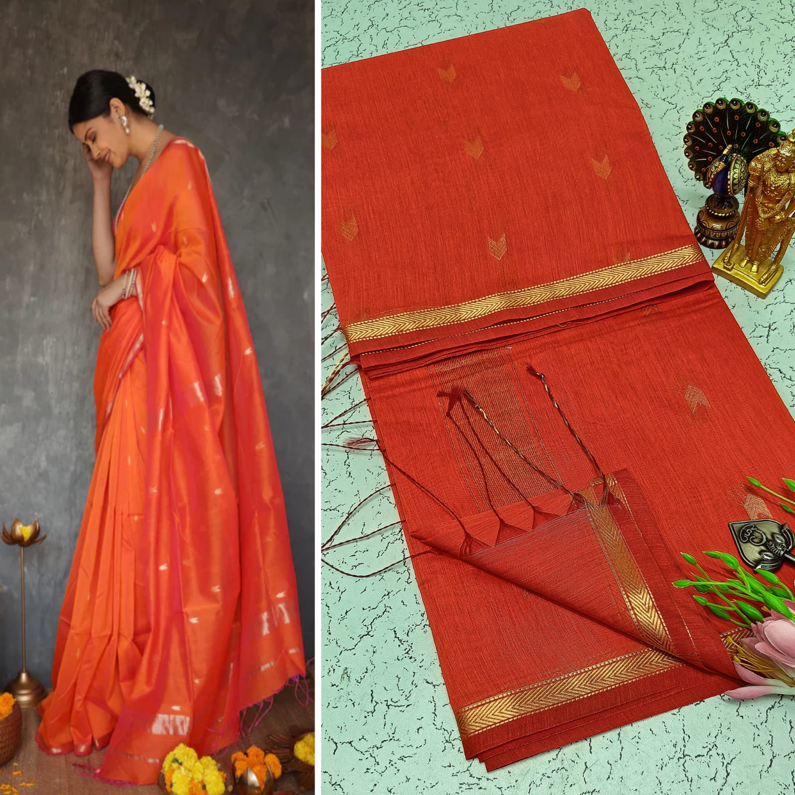 Orange Maheshwari Cotton Saree