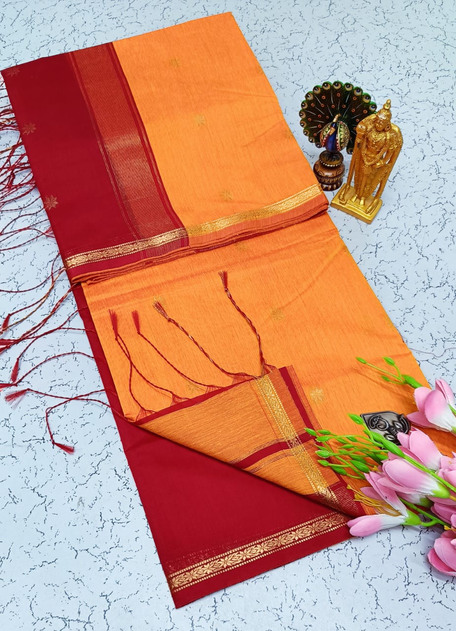 Yellow With Red Maheshwari Cotton Saree