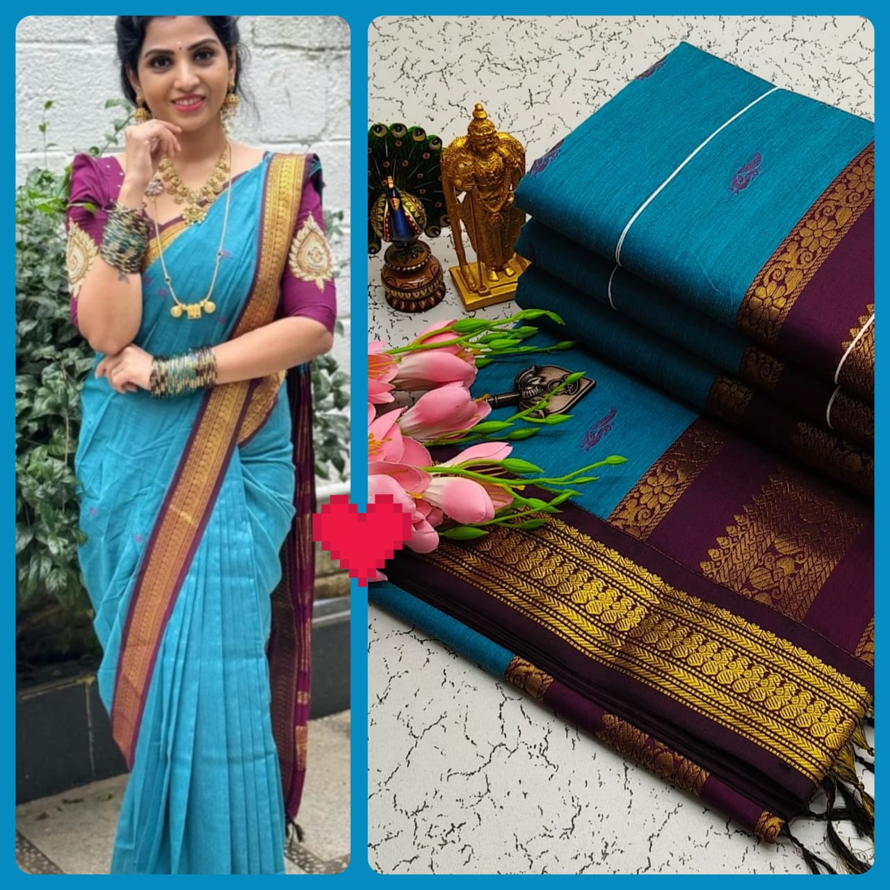 Sky Blue With Violet Kalyani Cotton Saree