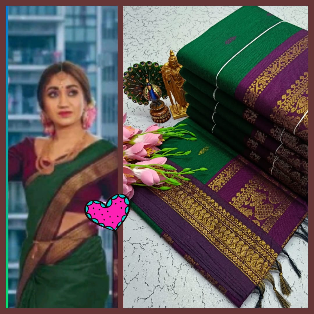 Green With Violet Kalyani Cotton Saree