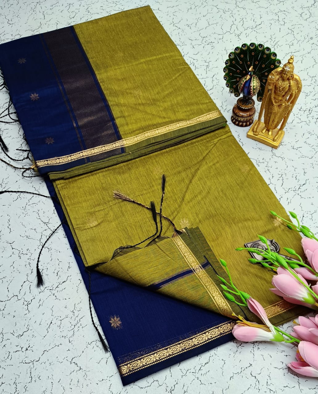Green With Dark Blue Maheshwari Cotton Saree