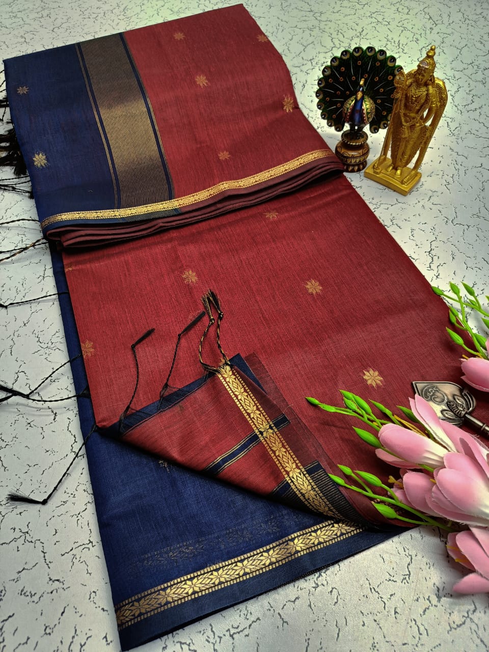 Maroon With Dark Blue Maheshwari Cotton Saree