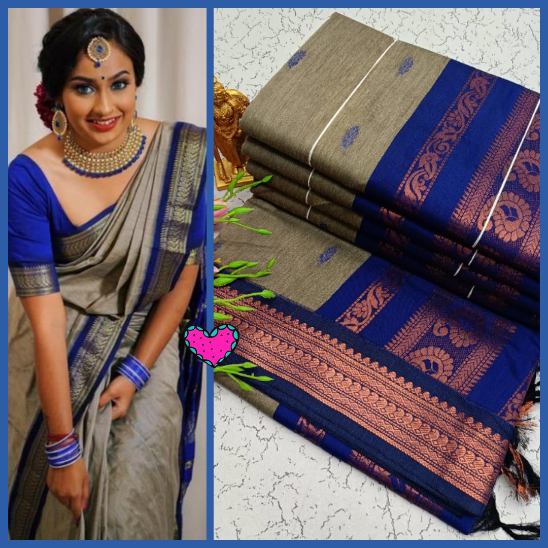 Grey With Royal Blue Kalyani Cotton Saree