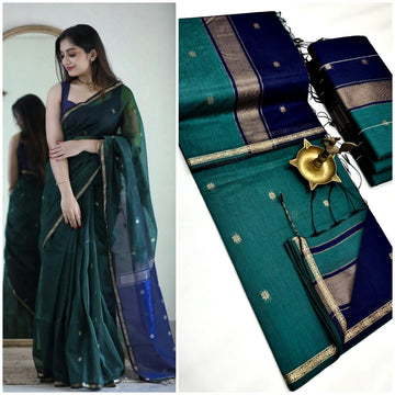 Green With Dark Blue Maheshwari Cotton Saree