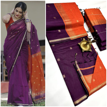 Violet With Orange Maheshwari Cotton Saree