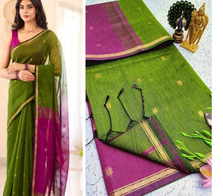 Green With Pink Maheshwari Cotton Saree