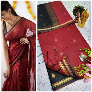 Red With Black Maheshwari cotton Saree