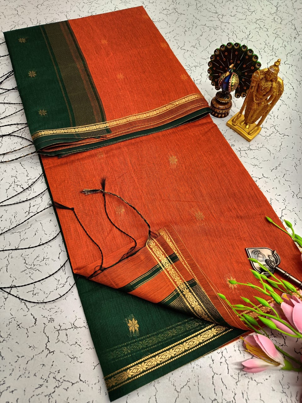 Orange With Dark green Maheshwari Cotton Saree