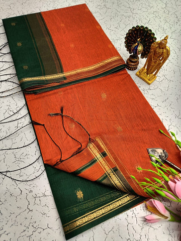 Orange With Dark green Maheshwari Cotton Saree