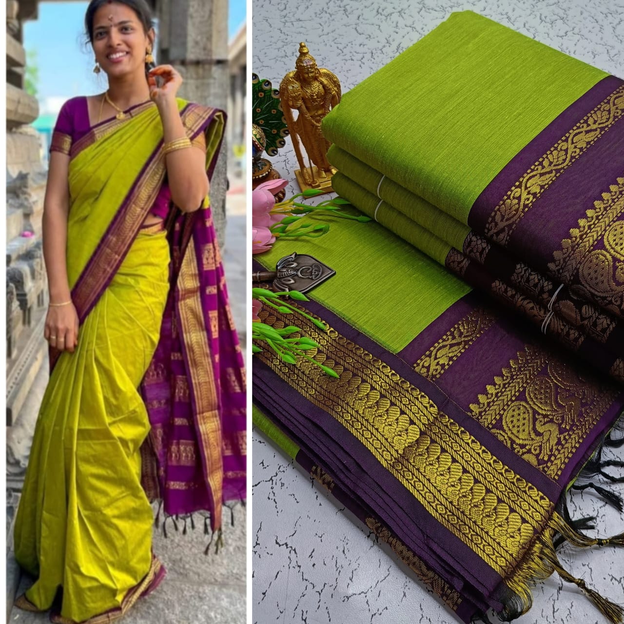 Green With Violet Kalyani Cotton Saree