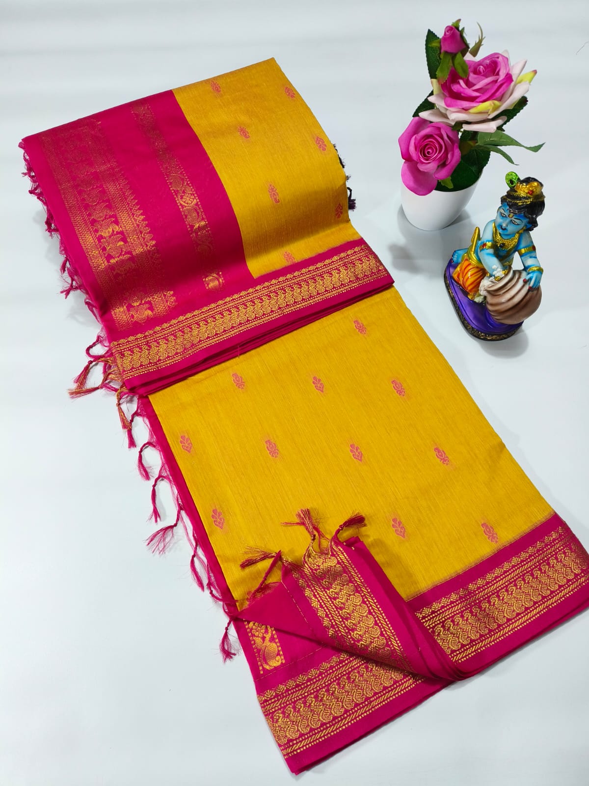 Yellow With Pink Kalyani Cotton Saree