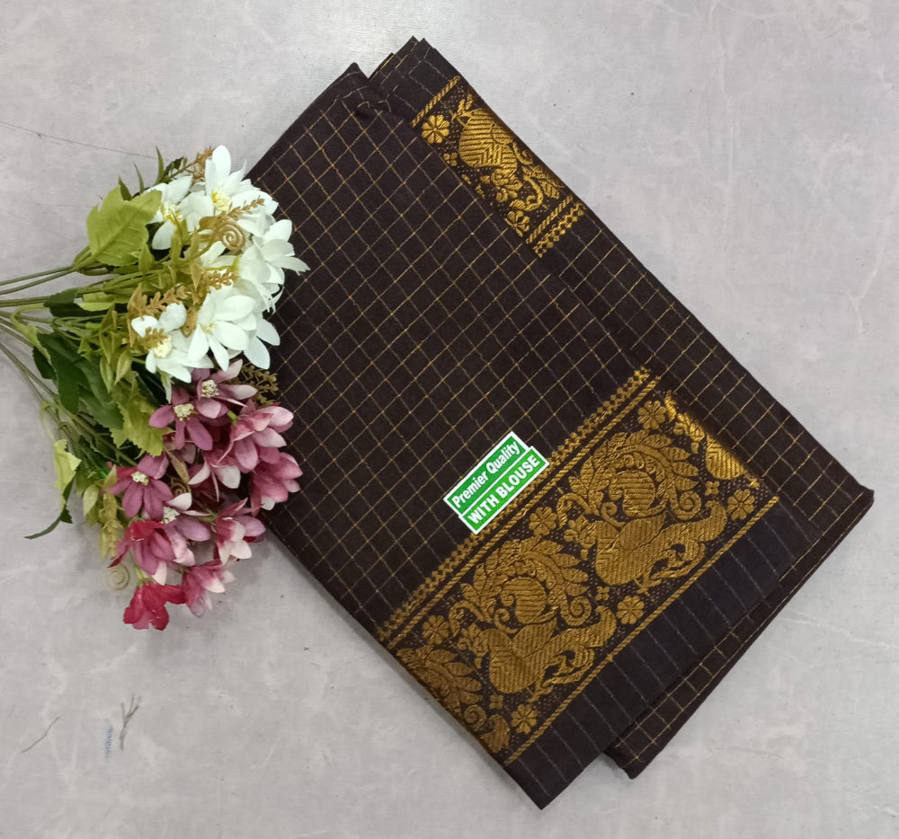 CLASSIC DARK BROWN COLOR  WITH RICH GOLDEN BORDER CHECKED SUNGUDI COTTON SAREE
