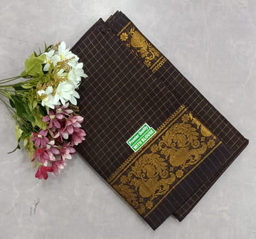 CLASSIC DARK BROWN COLOR  WITH RICH GOLDEN BORDER CHECKED SUNGUDI COTTON SAREE