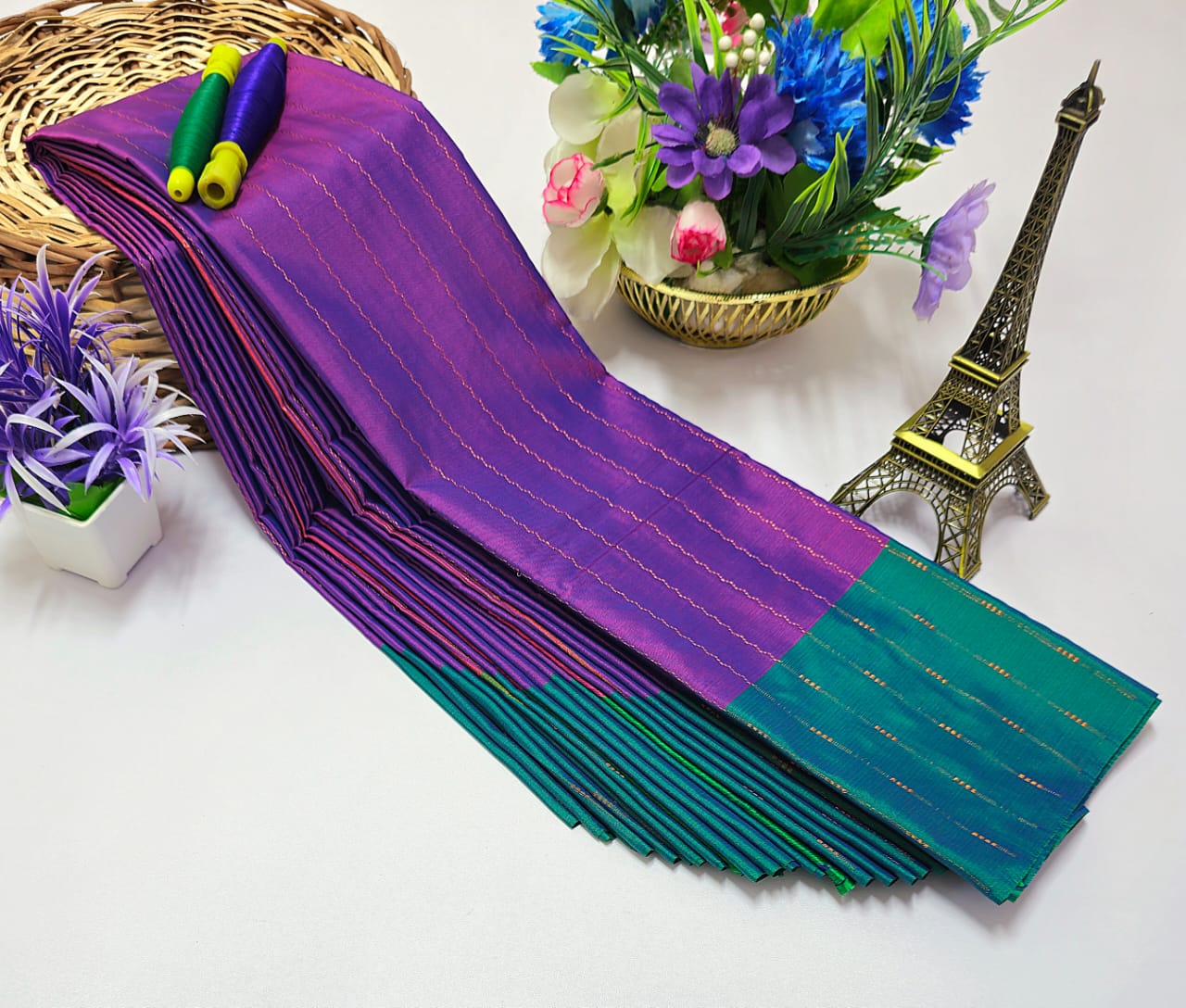 VIOLET WITH PEACOCK COLOR GREEN AARANI SILK SAREE