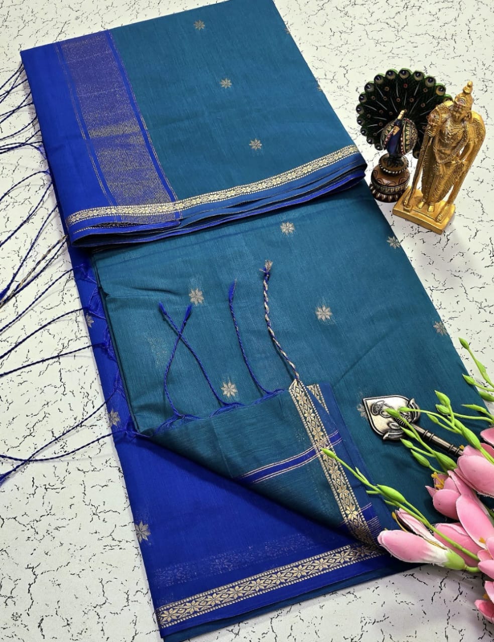 PEACOCK BLUE WITH ROYAL BLUE MAHESHWARI SILK