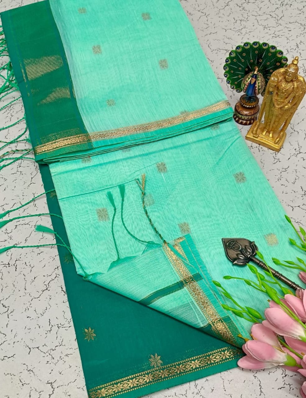 AQUA MINT WITH DEEP TEAL GREEN MAHESHWARI COTTON