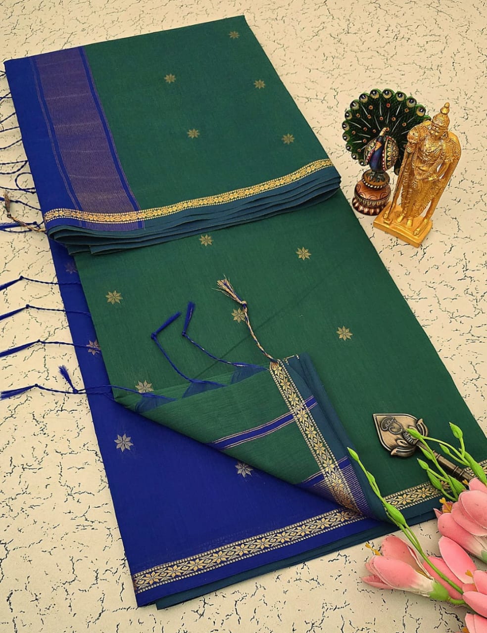 DEEP BOTTLE GREEN WITH ROYAL BLUE MAHESHWARI COTTON