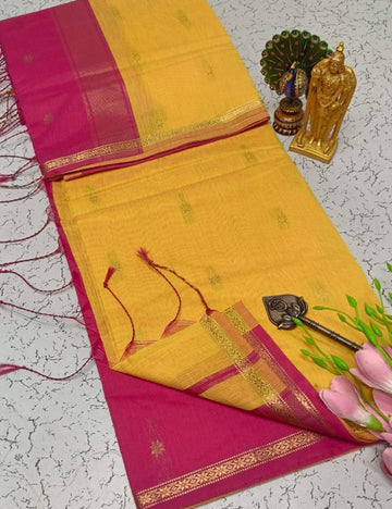 MUSTARD YELLOW WITH MAGENTA BORDER MAHESHWARI COTTON