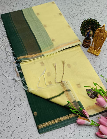 PALE BUTTER YELLOW WITH DEEP FOREST GREEN MAHESHWARI COTTON
