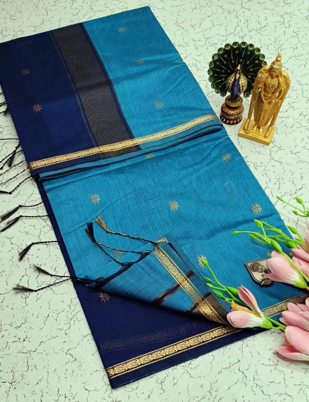 RICH TEAL BLUE WITH DEEP NAVY BLUE MAHESHWARI COTTON