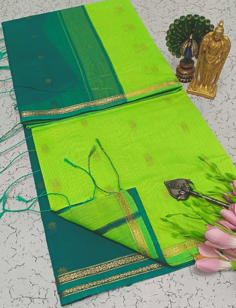 LIME GREEN WITH DEEP TEAL GREEN MAHESHWARI COTTON
