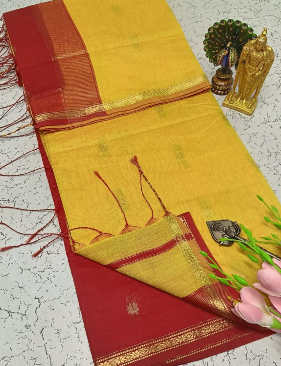 MUSTARD YELLOW WITH DEEP RED MAHESHWARI COTTON