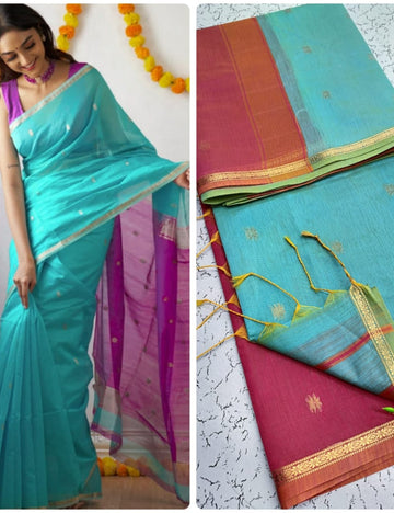 SKY BLUE WITH DEEP WINE MAGENTA MAHESHWARI COTTON