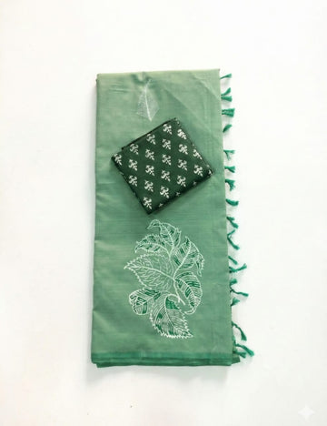 SAGE GREEN WITH DARK GREEN SOUTH COTTON SAREE