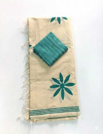 BEIGE WITH TEAL FLORAL BLOCKS SOUTH COTTON