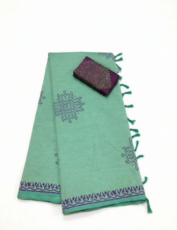 SEA GREEN WITH SOFT GREEN SOUTH COTTON SAREE