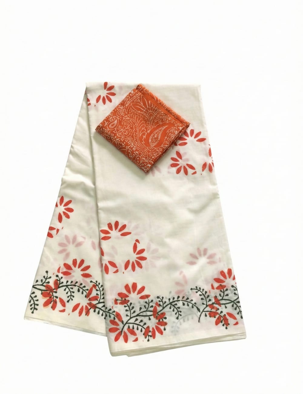 WHITE WITH ORANGE COLOR SOUTH COTTON SAREE