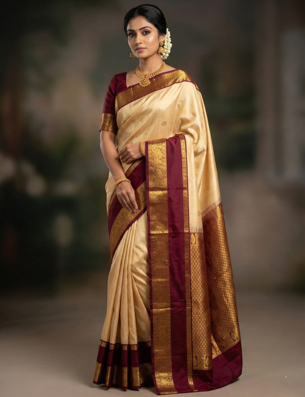 CREAM WITH MAROON KANCHIPURAM SILKS