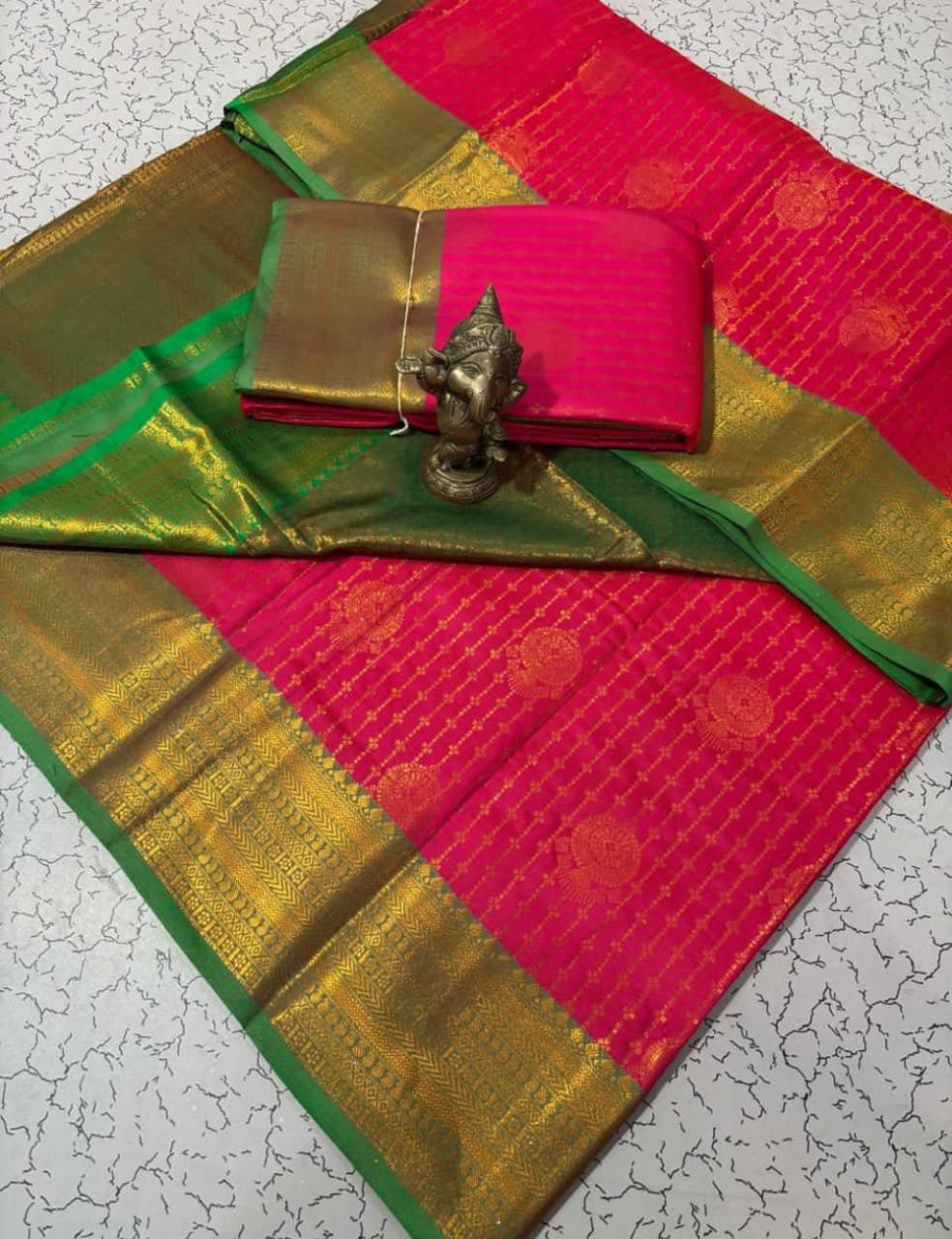 PINK SAREE WITH GREEN TRADITIONAL BUTTAS