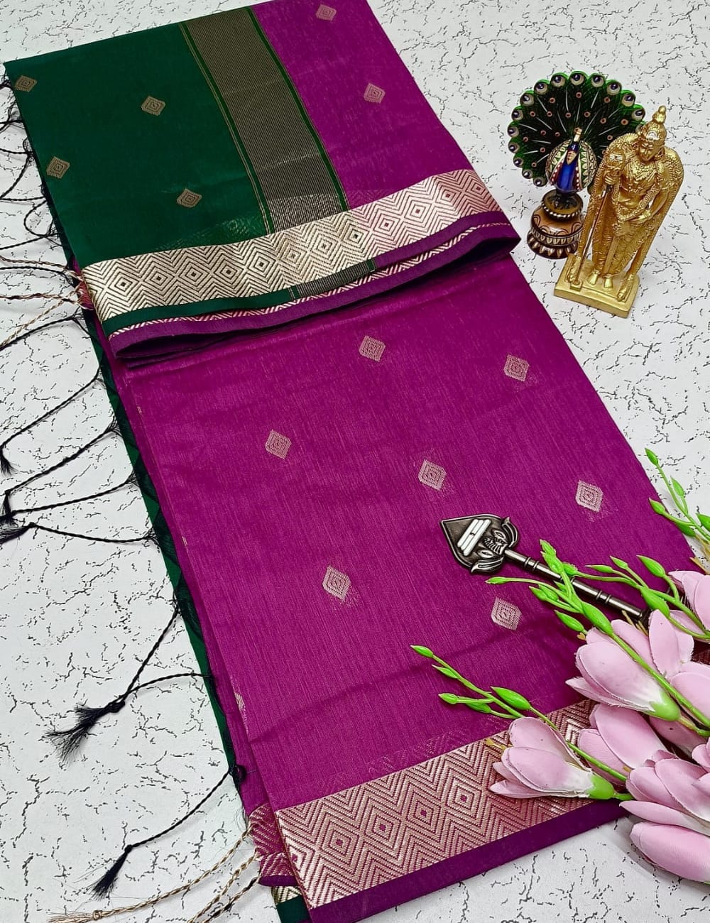 ROYAL PURPLE WITH EMARALD GREEN NAYANTHARA INSPIRED MAHESHWARI COTTON SAREE