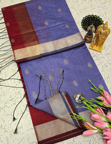 DUSTY BLUE WITH MAROON NAYANTHARA INSPIRED MAHESHWARI COTTON SAREE