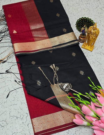 RED WITH BLACK NAYANTHARA INSPIRED  MAHESHWARI COTTON SAREE