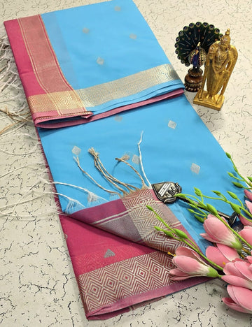 SKY BLUE WITH ROSE PINK NAYANTARA INSPIRED  MAHESWARI COTTON SAREE