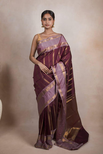 WINE AND LAVENDER BANARASI SOFT SILK BUTI DESIGN LIGHT WEIGHT SAREE