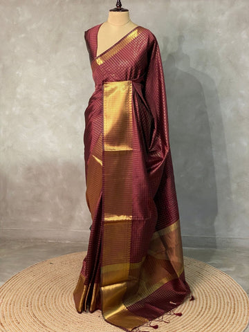 DEEP MAROON COLOR BANARASI COTTON CHECK SOFT SILK SAREE