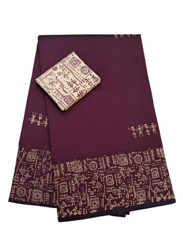 DEEP MAROON COLOR WITH ETHNIC BORDER SOUTH COTTON SAREE