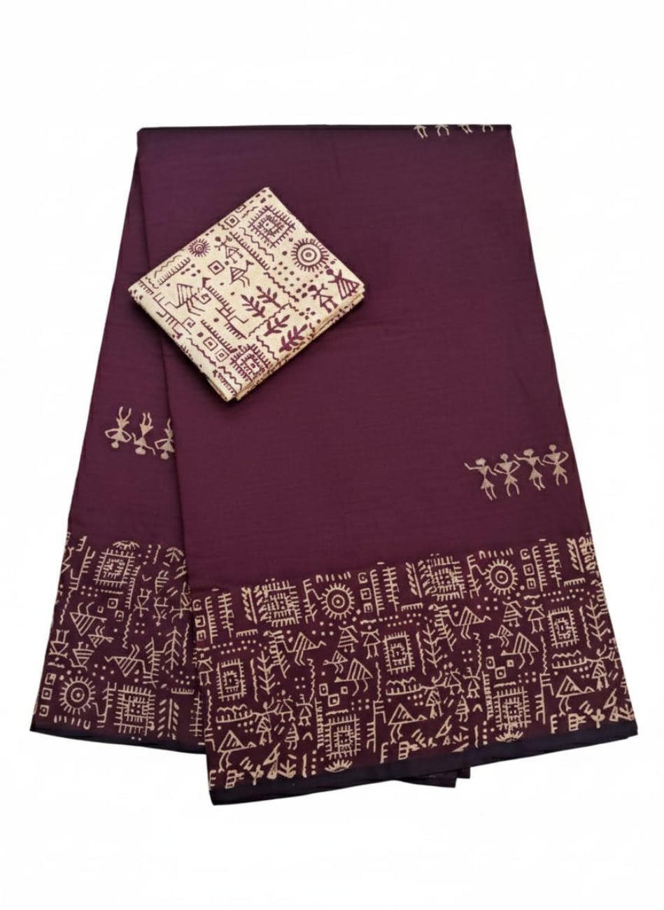 DEEP MAROON COLOR WITH ETHNIC BORDER SOUTH COTTON SAREE